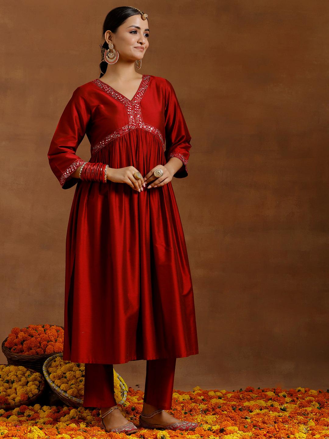 Red Solid Silk Blend A-Line Kurta With Trousers & Dupatta - Libas 