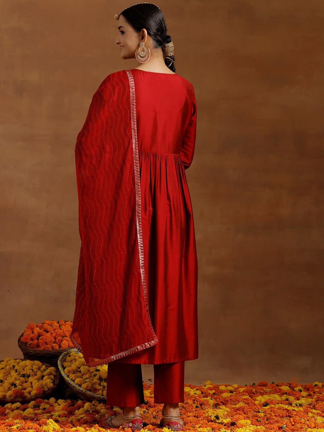 Red Solid Silk Blend A-Line Kurta With Trousers & Dupatta - Libas