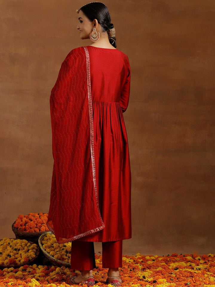 Red Solid Silk Blend A-Line Kurta With Trousers & Dupatta - Libas