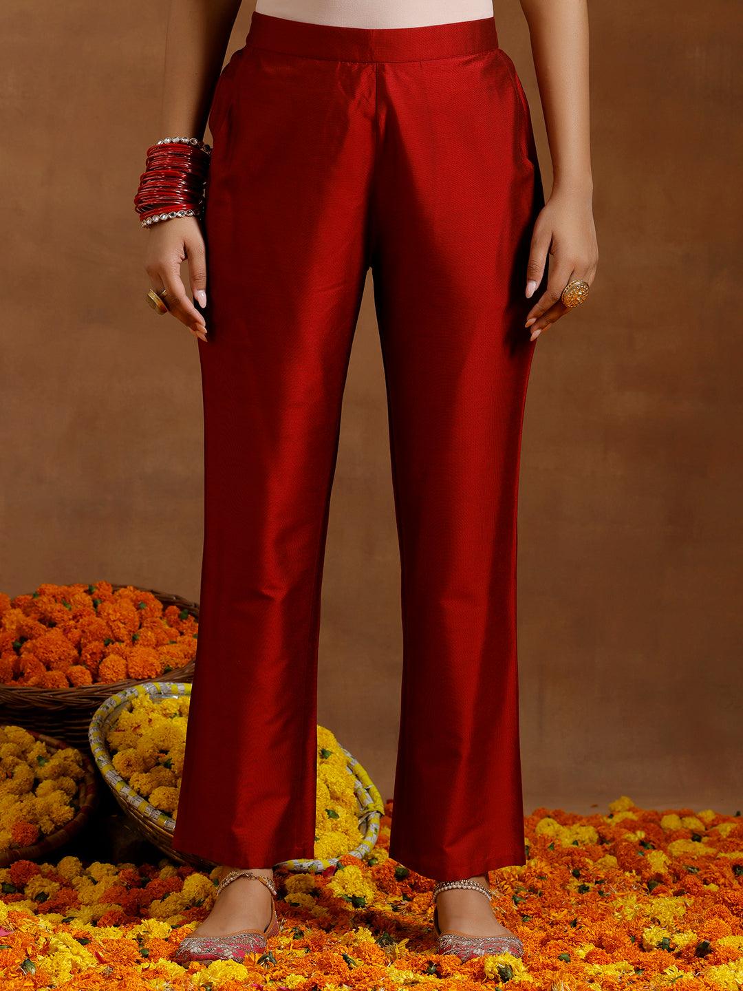 Red Solid Silk Blend A-Line Kurta With Trousers & Dupatta - Libas 