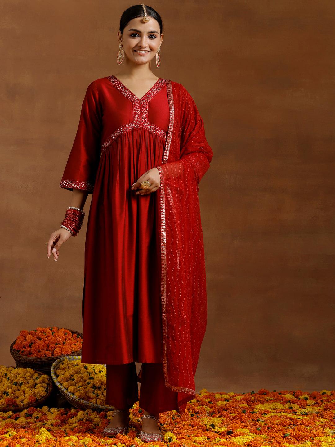 Red Solid Silk Blend A-Line Kurta With Trousers & Dupatta - Libas 