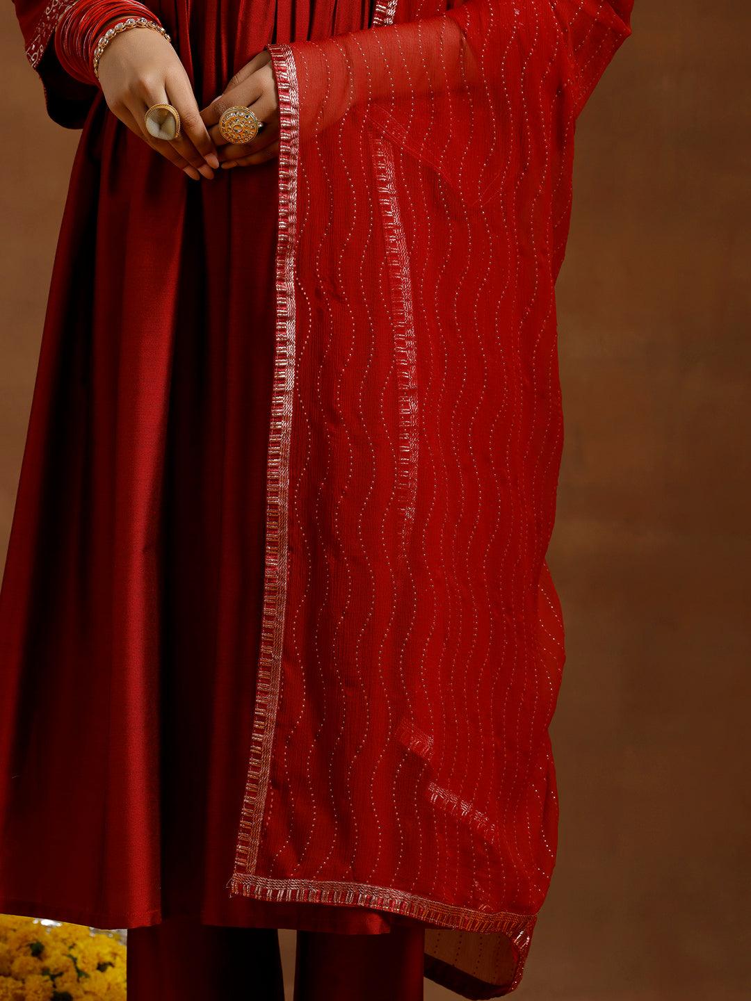 Red Solid Silk Blend A-Line Kurta With Trousers & Dupatta - Libas 