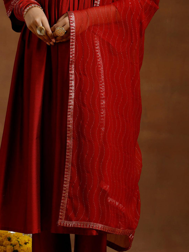 Red Solid Silk Blend A-Line Kurta With Trousers & Dupatta - Libas