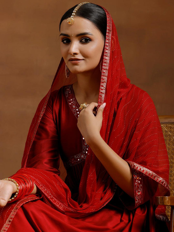 Red Solid Silk Blend A-Line Kurta With Trousers & Dupatta - Libas