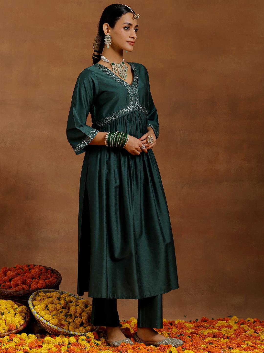 Green Solid Silk Blend A-Line Kurta With Trousers & Dupatta - Libas 