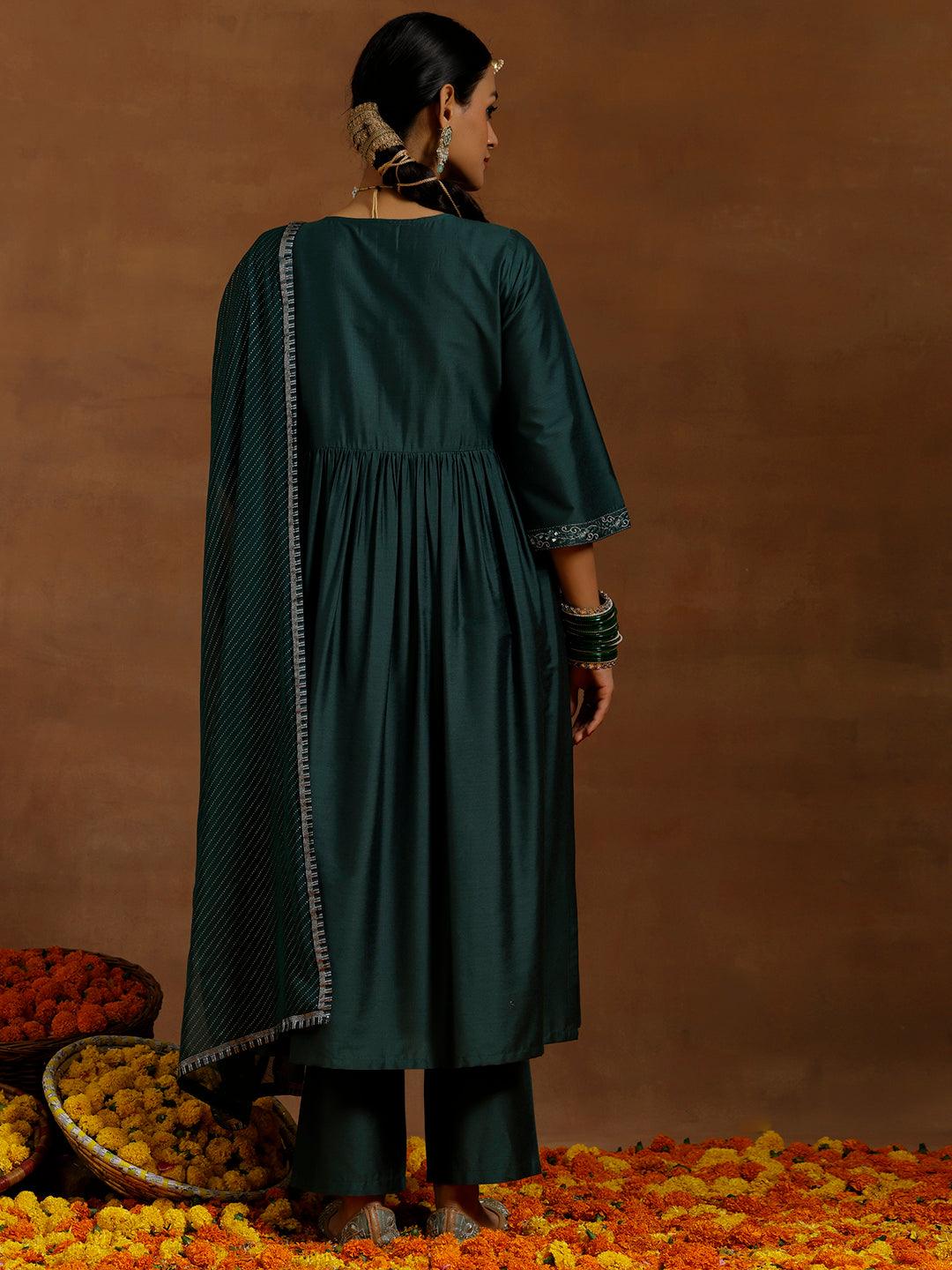 Green Solid Silk Blend A-Line Kurta With Trousers & Dupatta - Libas 