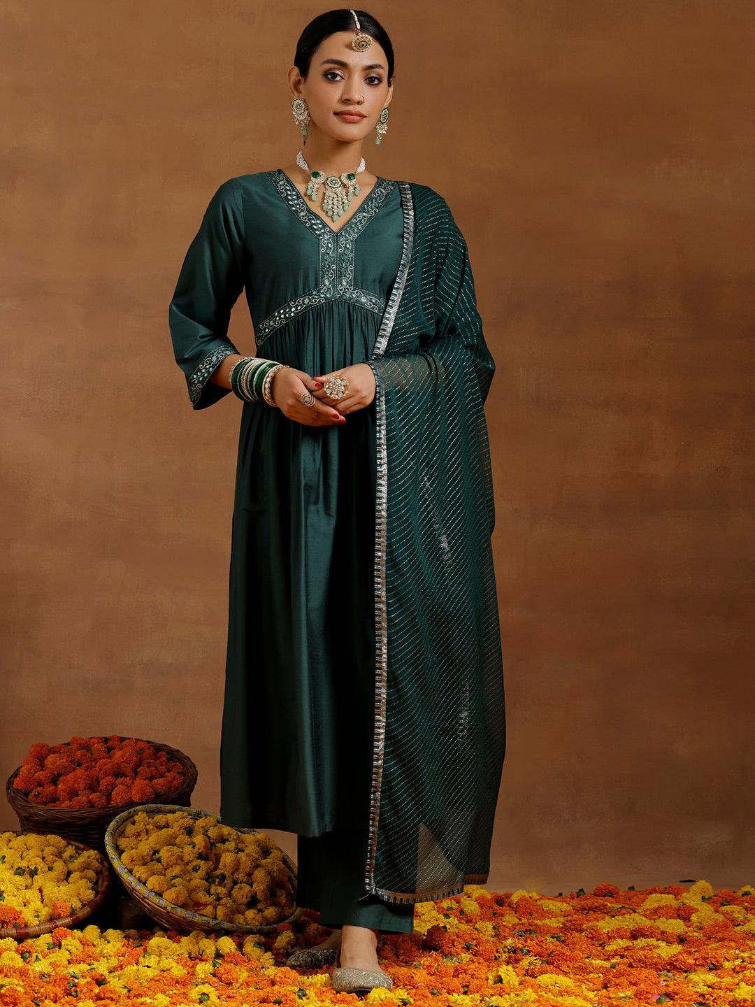 Green Solid Silk Blend A-Line Kurta With Trousers & Dupatta - Libas 