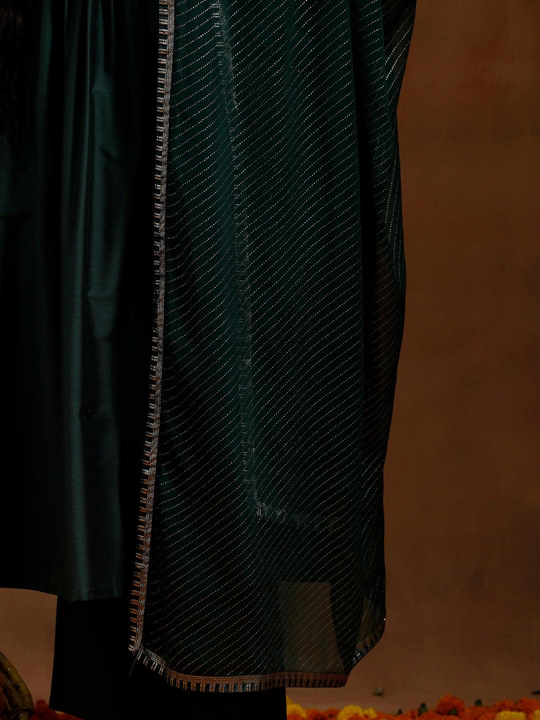 Green Solid Silk Blend A-Line Kurta With Trousers & Dupatta - Libas 