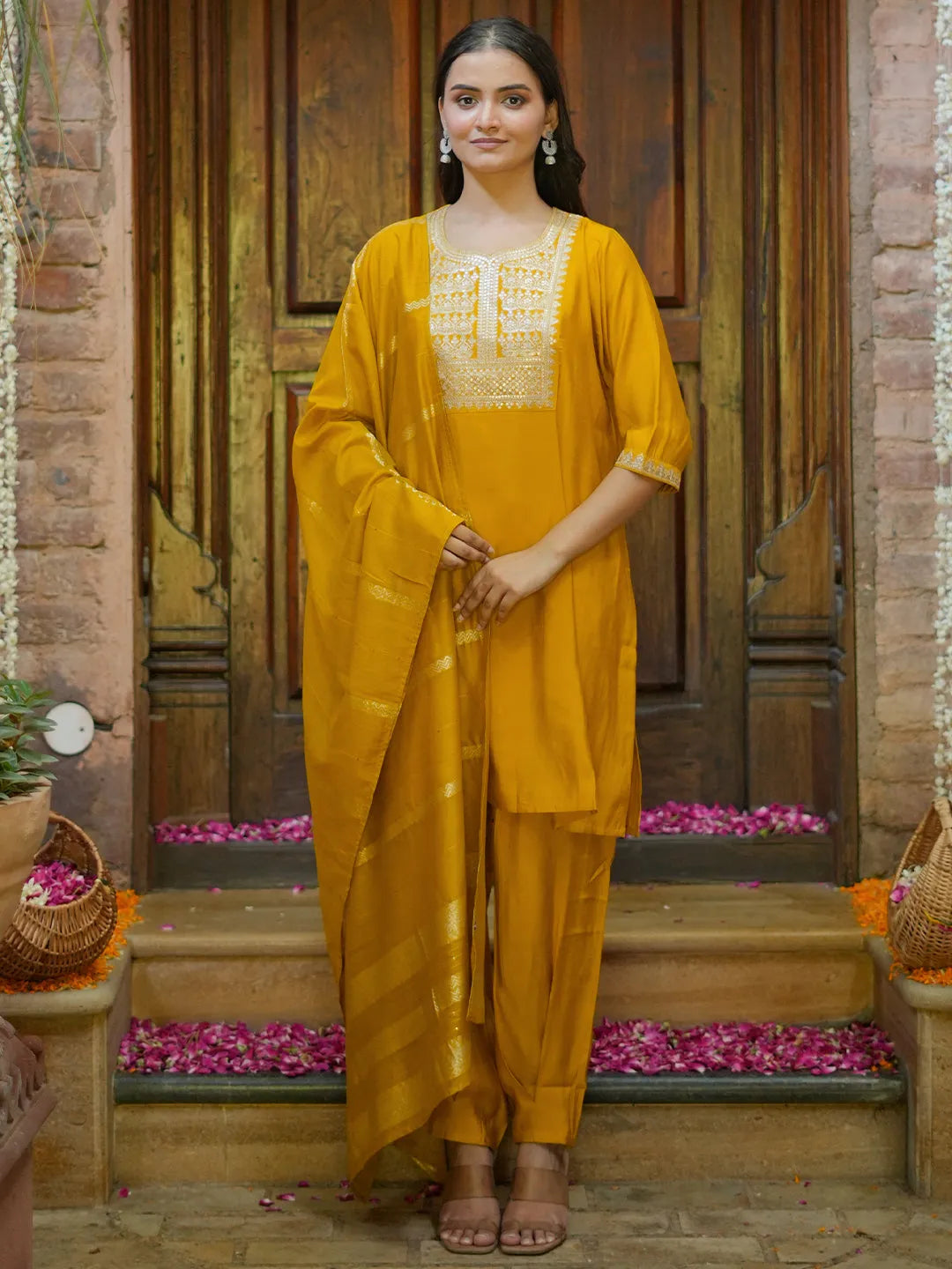  Yellow Yoke Design Silk Blend Straight Suit With Dupatta 