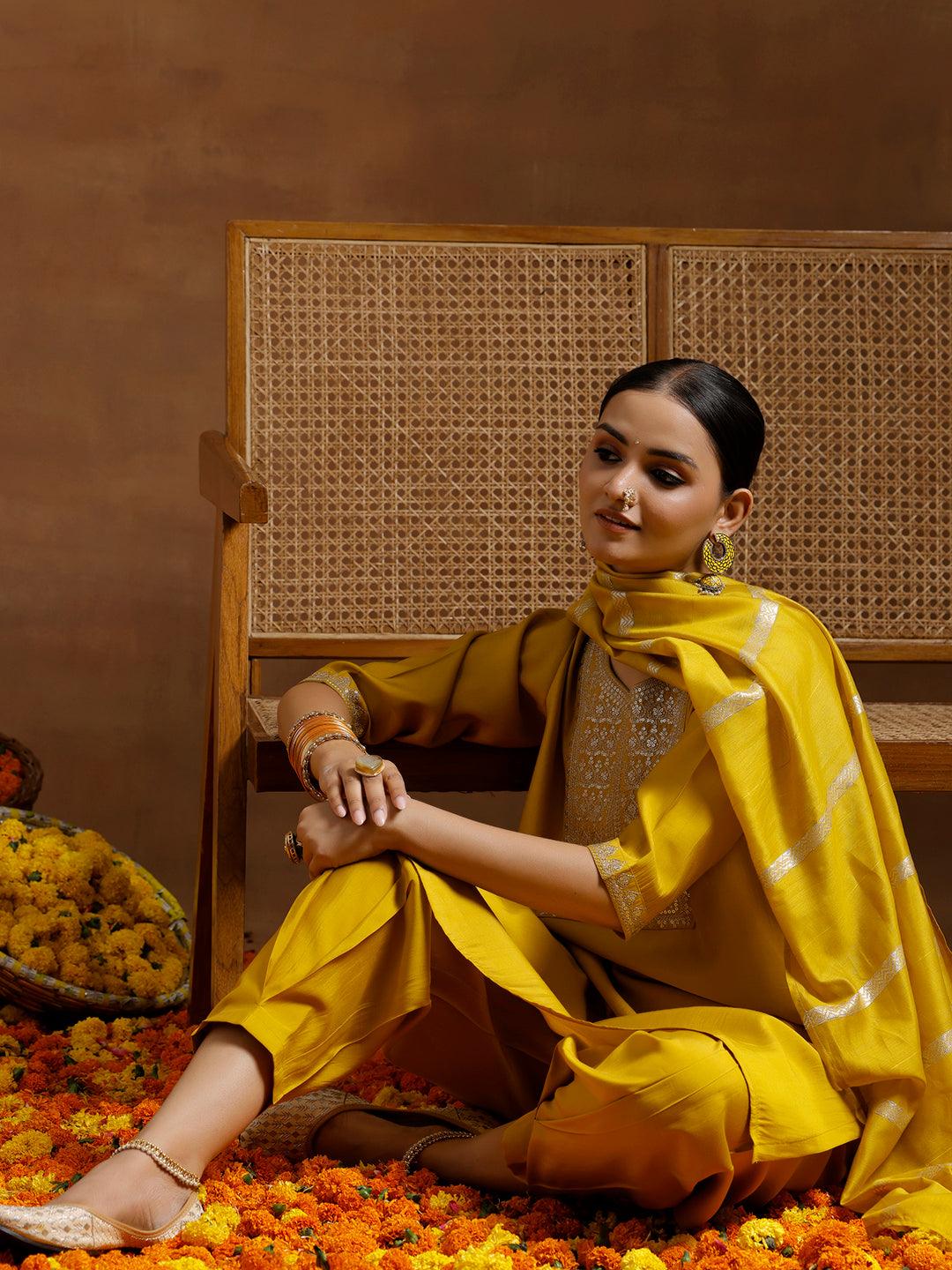 Yellow Yoke Design Silk Blend Straight Suit With Dupatta - Libas 