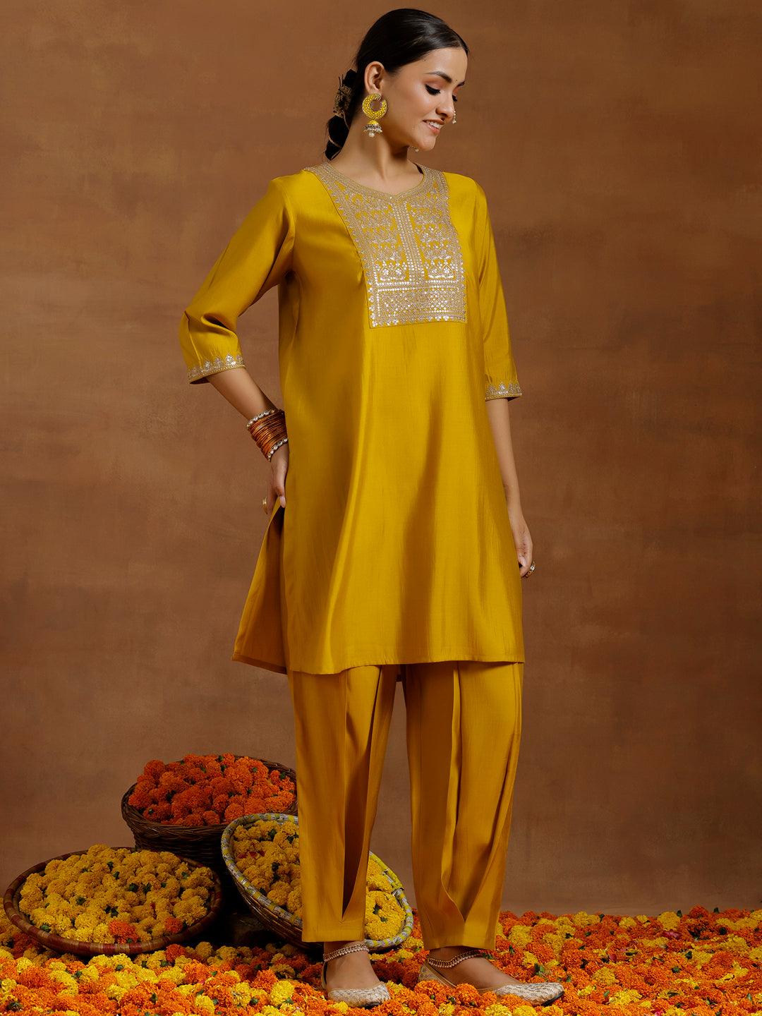 Yellow Yoke Design Silk Blend Straight Suit With Dupatta - Libas 