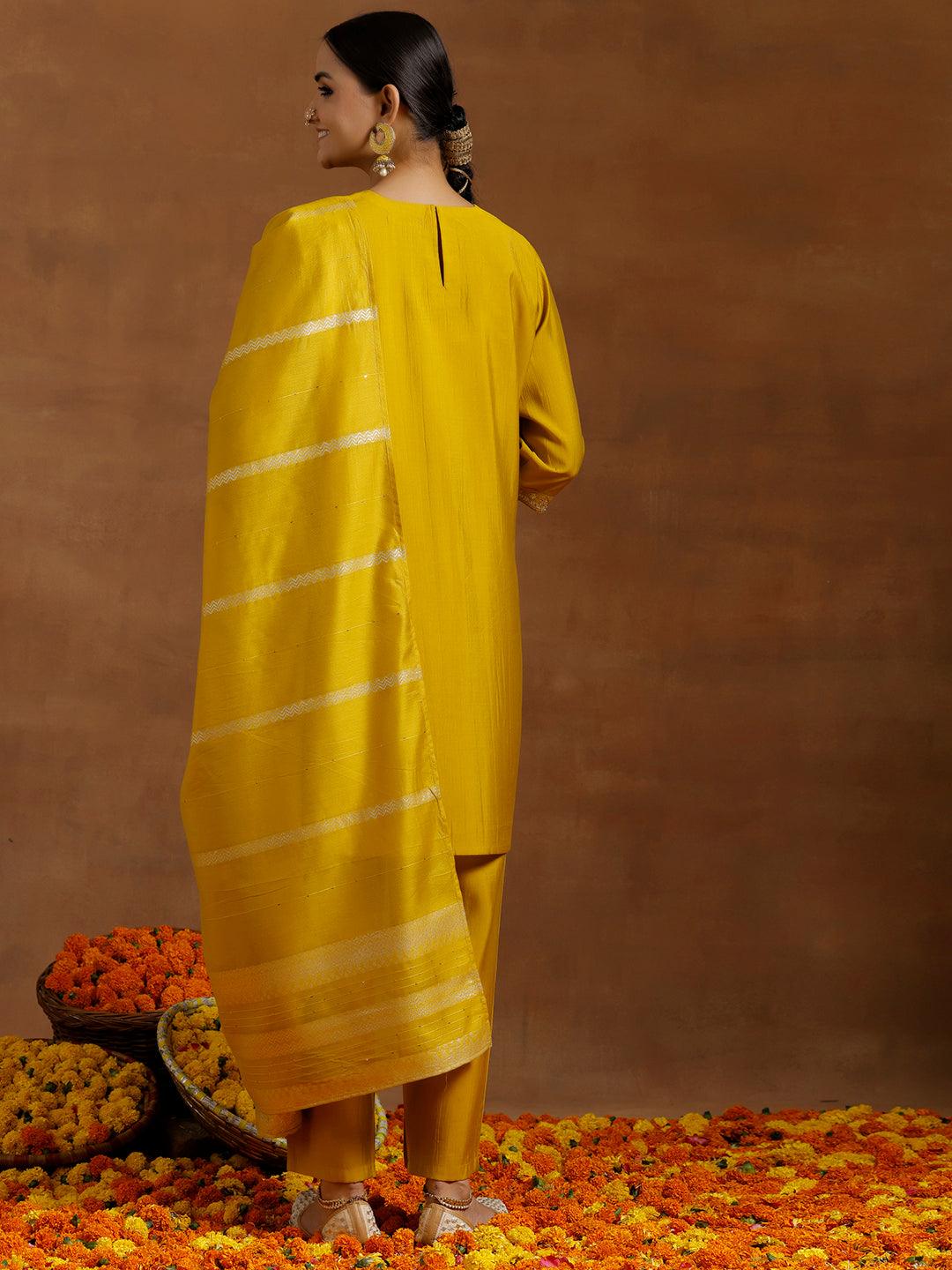 Yellow Yoke Design Silk Blend Straight Suit With Dupatta - Libas 