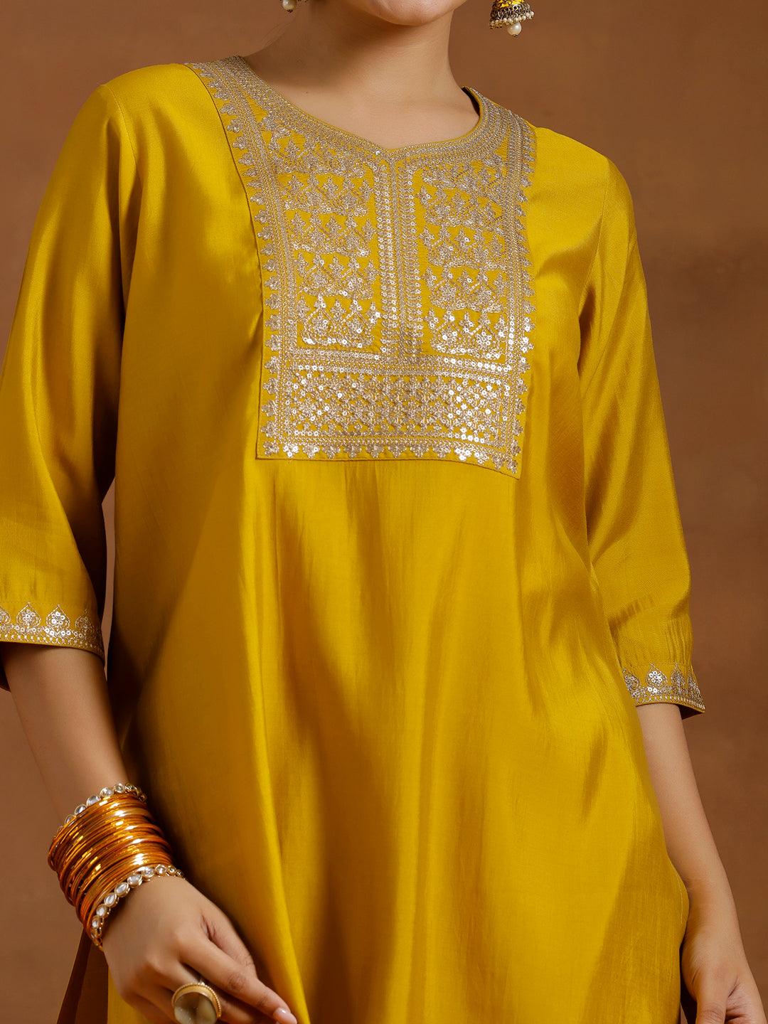 Yellow Yoke Design Silk Blend Straight Suit With Dupatta - Libas 