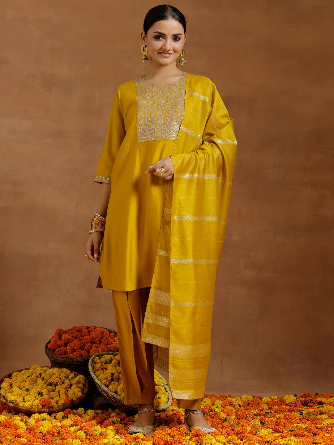 Yellow Yoke Design Silk Blend Straight Suit With Dupatta - Libas 