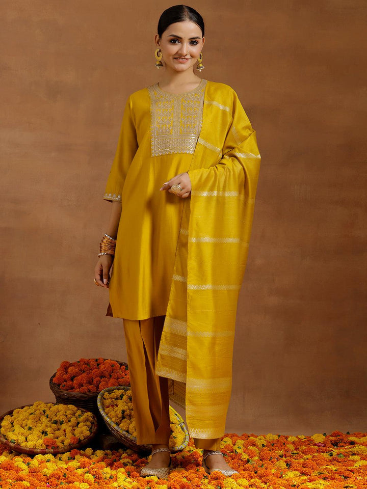 Yellow Yoke Design Silk Blend Straight Suit With Dupatta - Libas