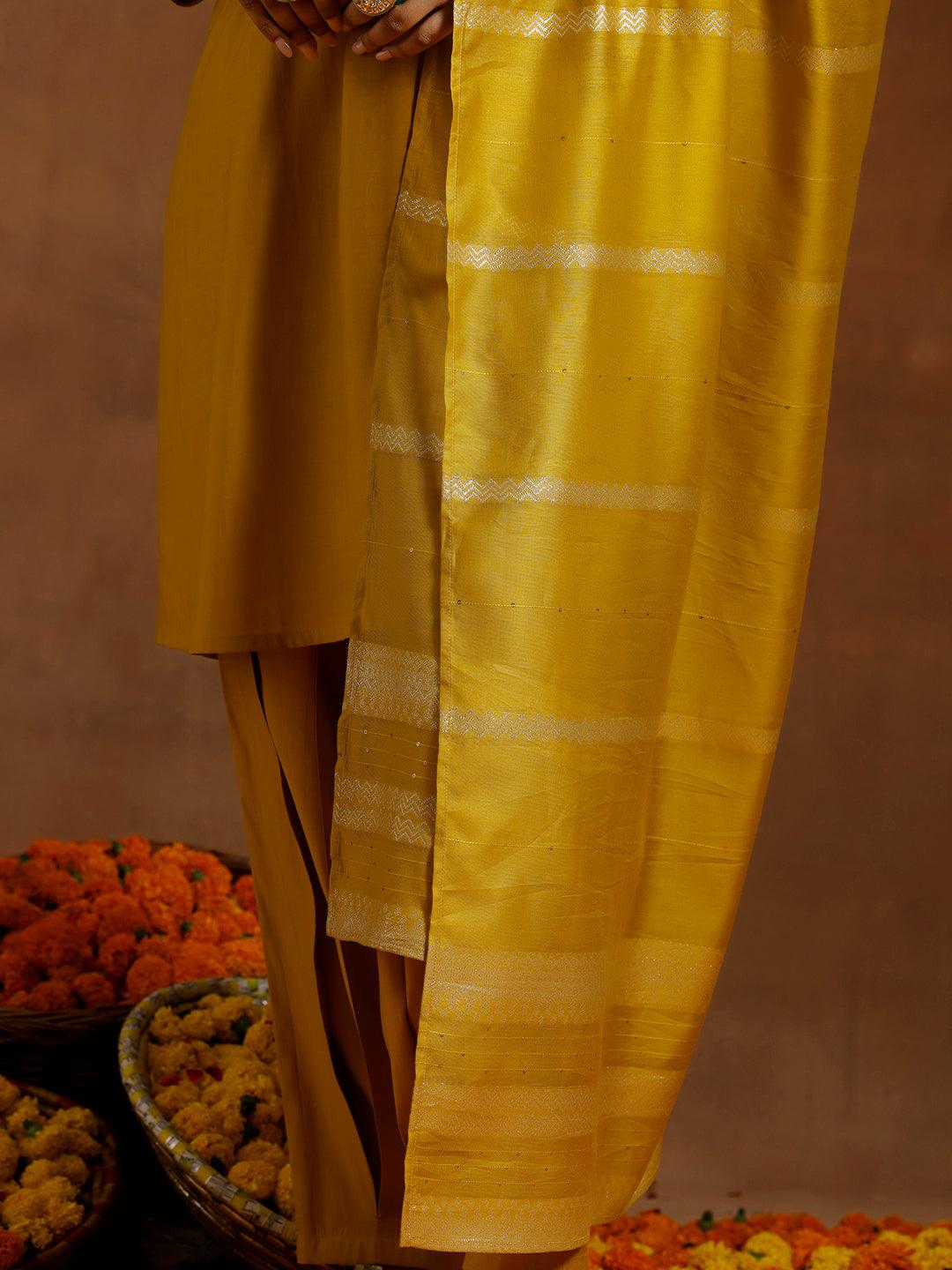 Yellow Yoke Design Silk Blend Straight Suit With Dupatta - Libas 