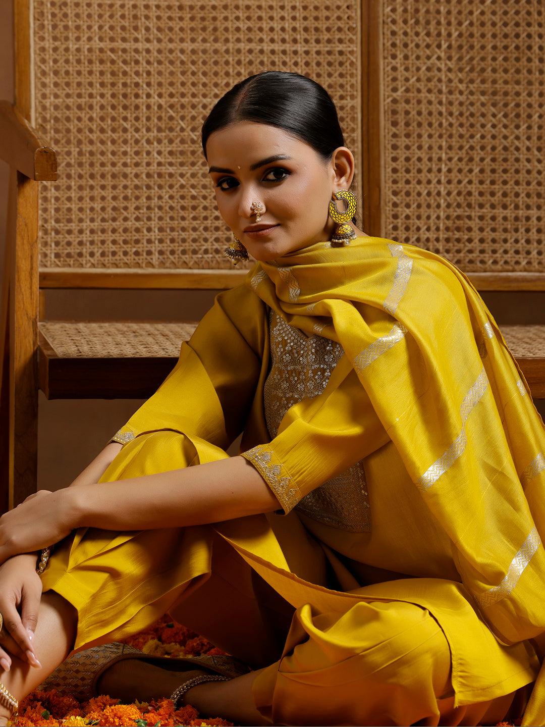 Yellow Yoke Design Silk Blend Straight Suit With Dupatta - Libas 