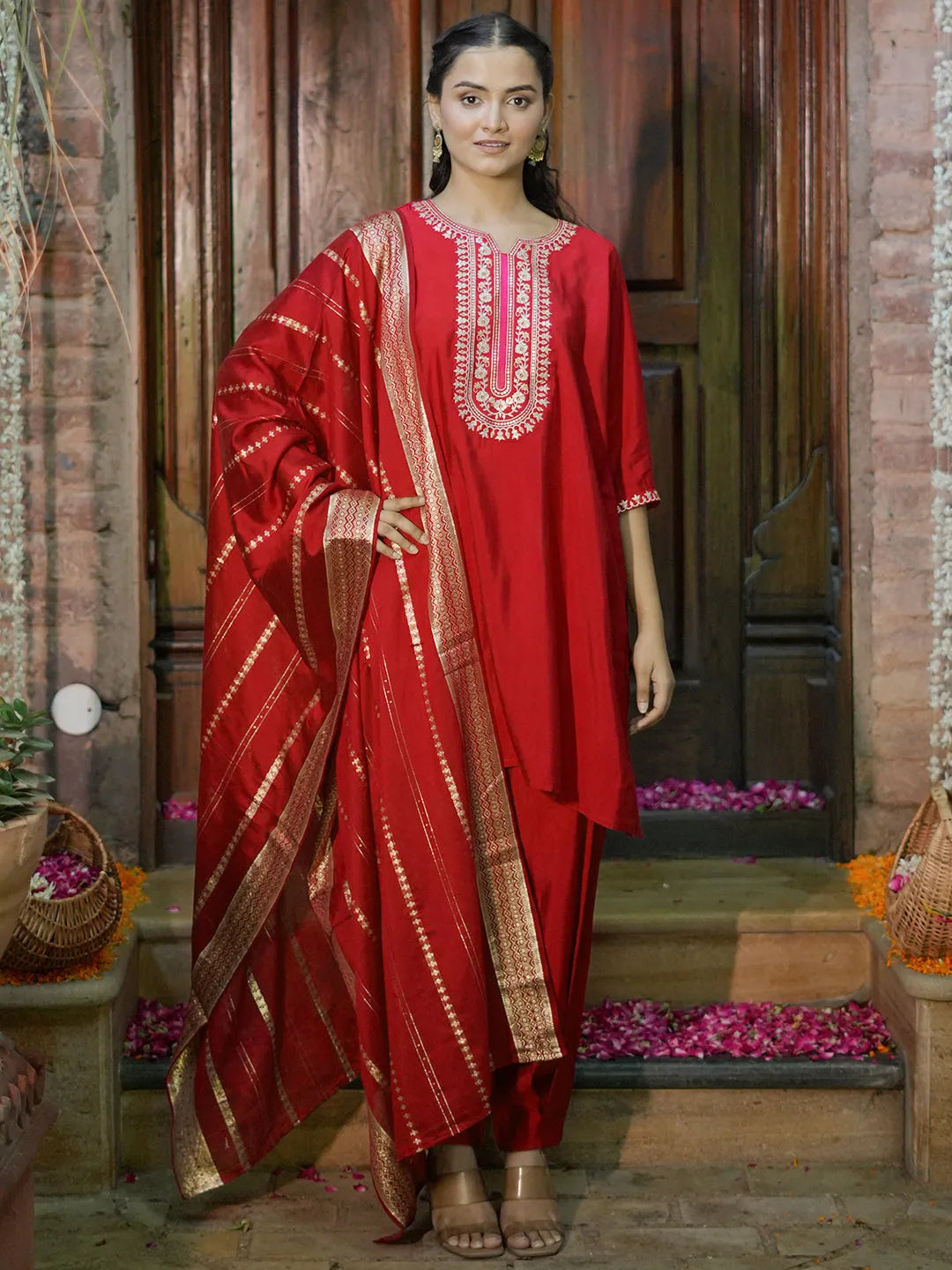 Red Yoke Design Silk Blend Straight Suit With Dupatta