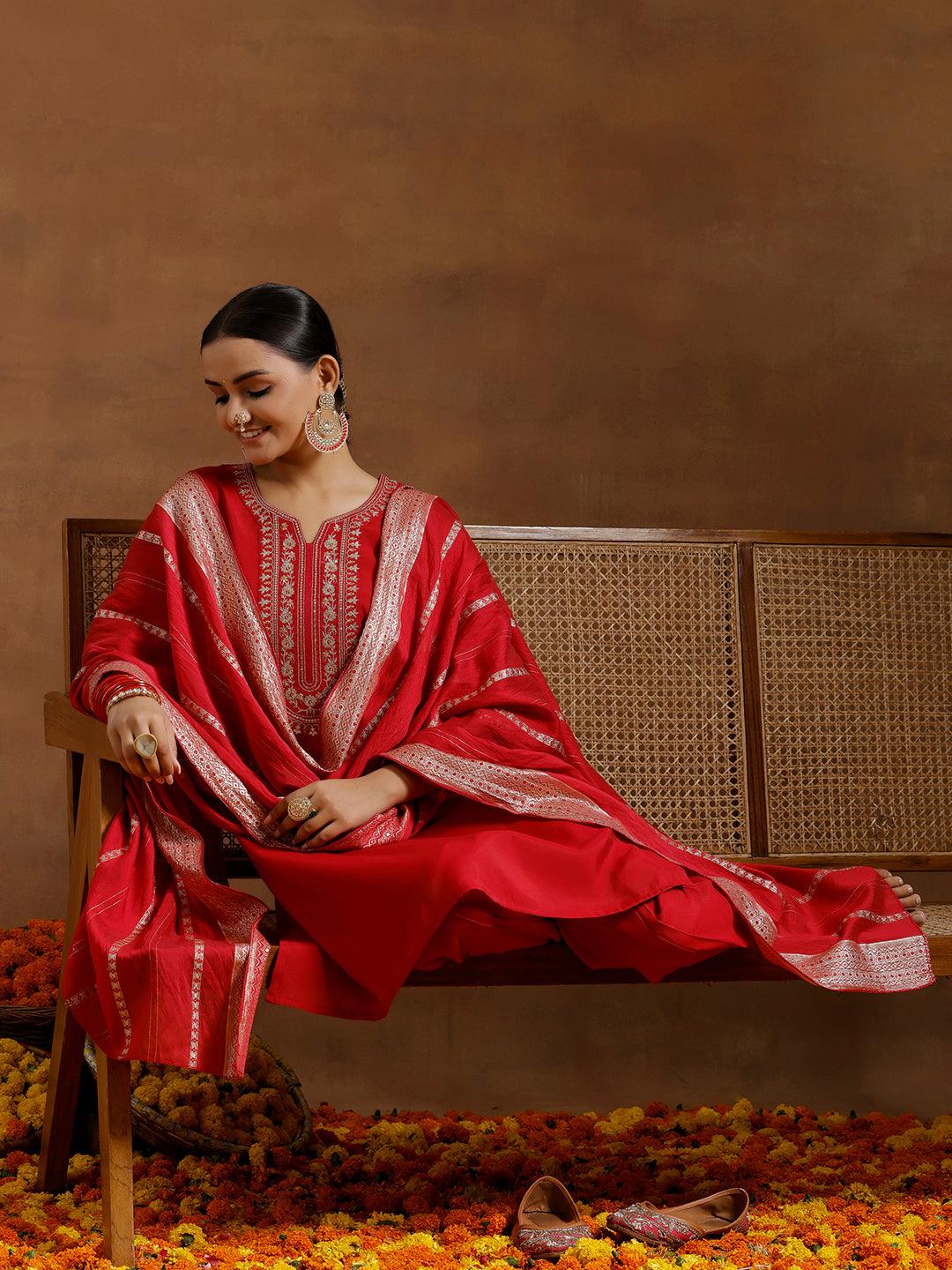 Red Yoke Design Silk Blend Straight Suit With Dupatta - Libas