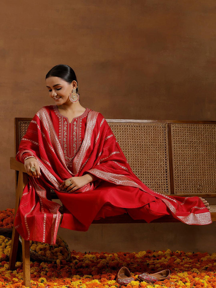 Red Yoke Design Silk Blend Straight Suit With Dupatta - Libas