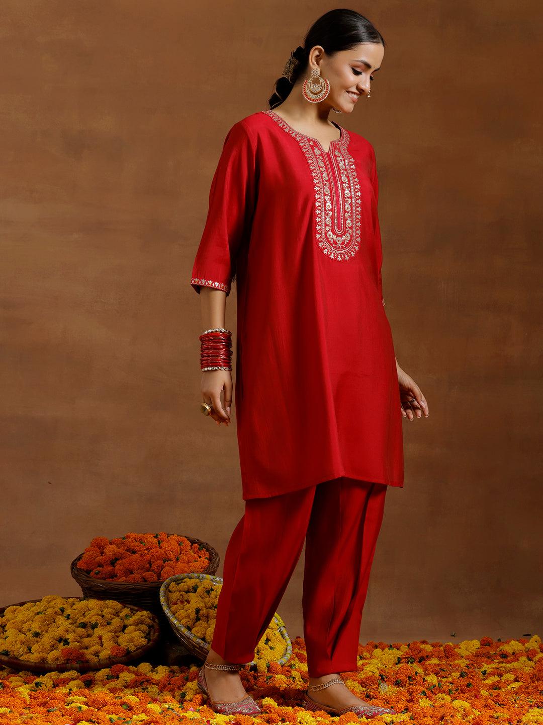 Red Yoke Design Silk Blend Straight Suit With Dupatta - Libas 