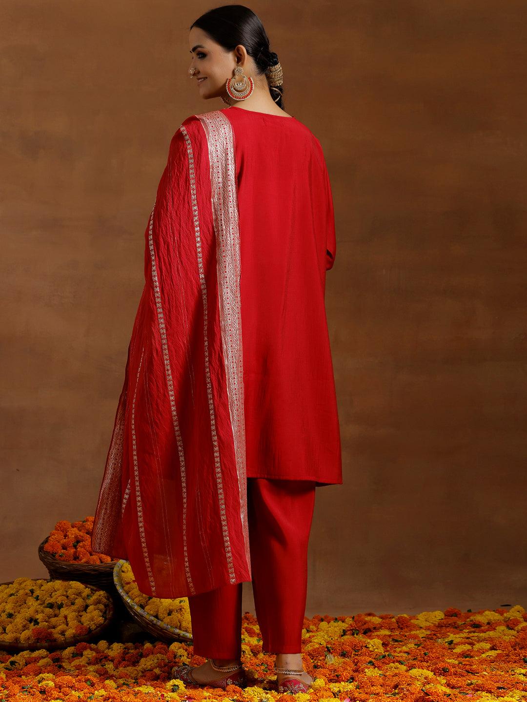 Red Yoke Design Silk Blend Straight Suit With Dupatta - Libas 