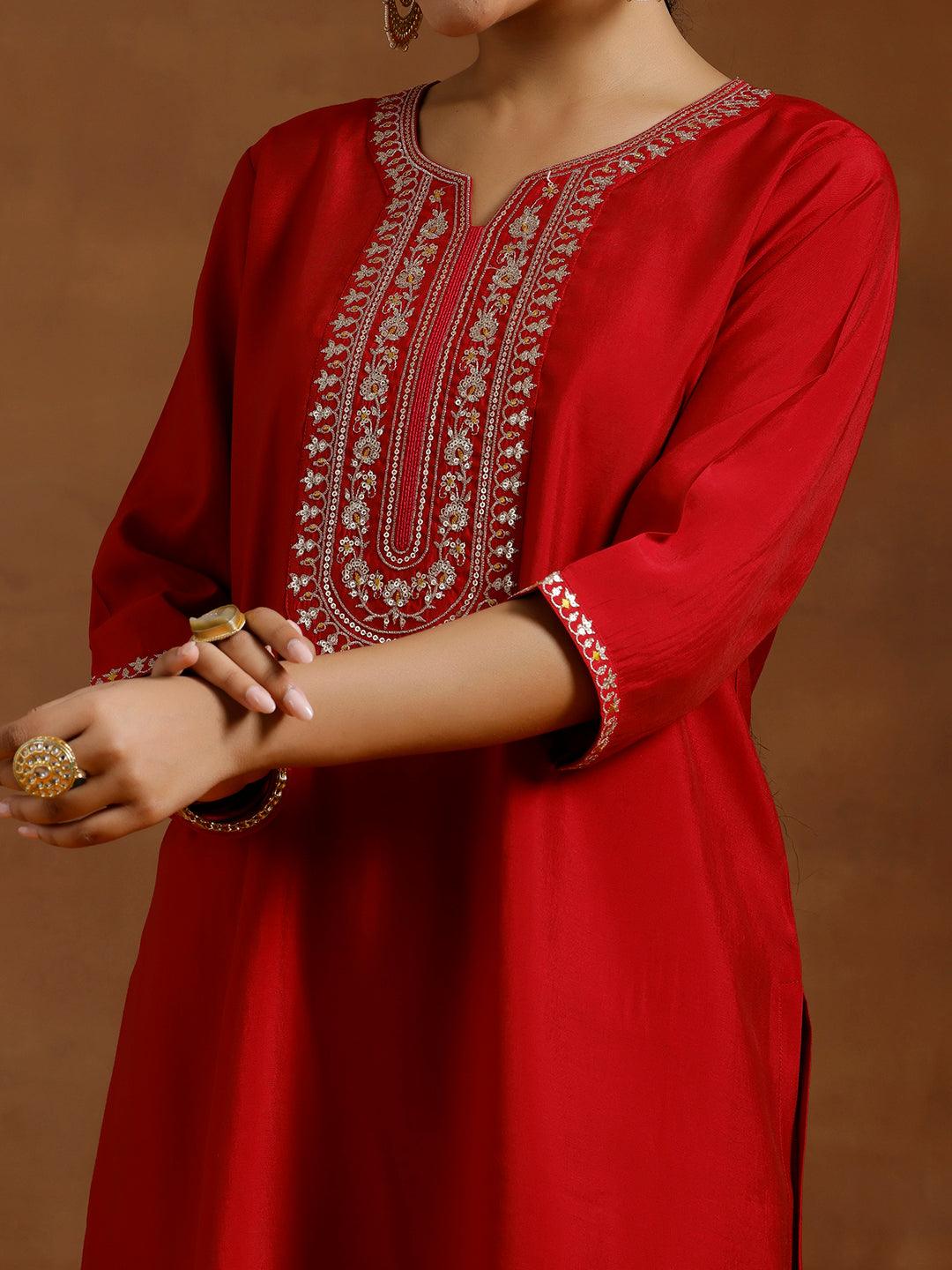 Red Yoke Design Silk Blend Straight Suit With Dupatta - Libas 