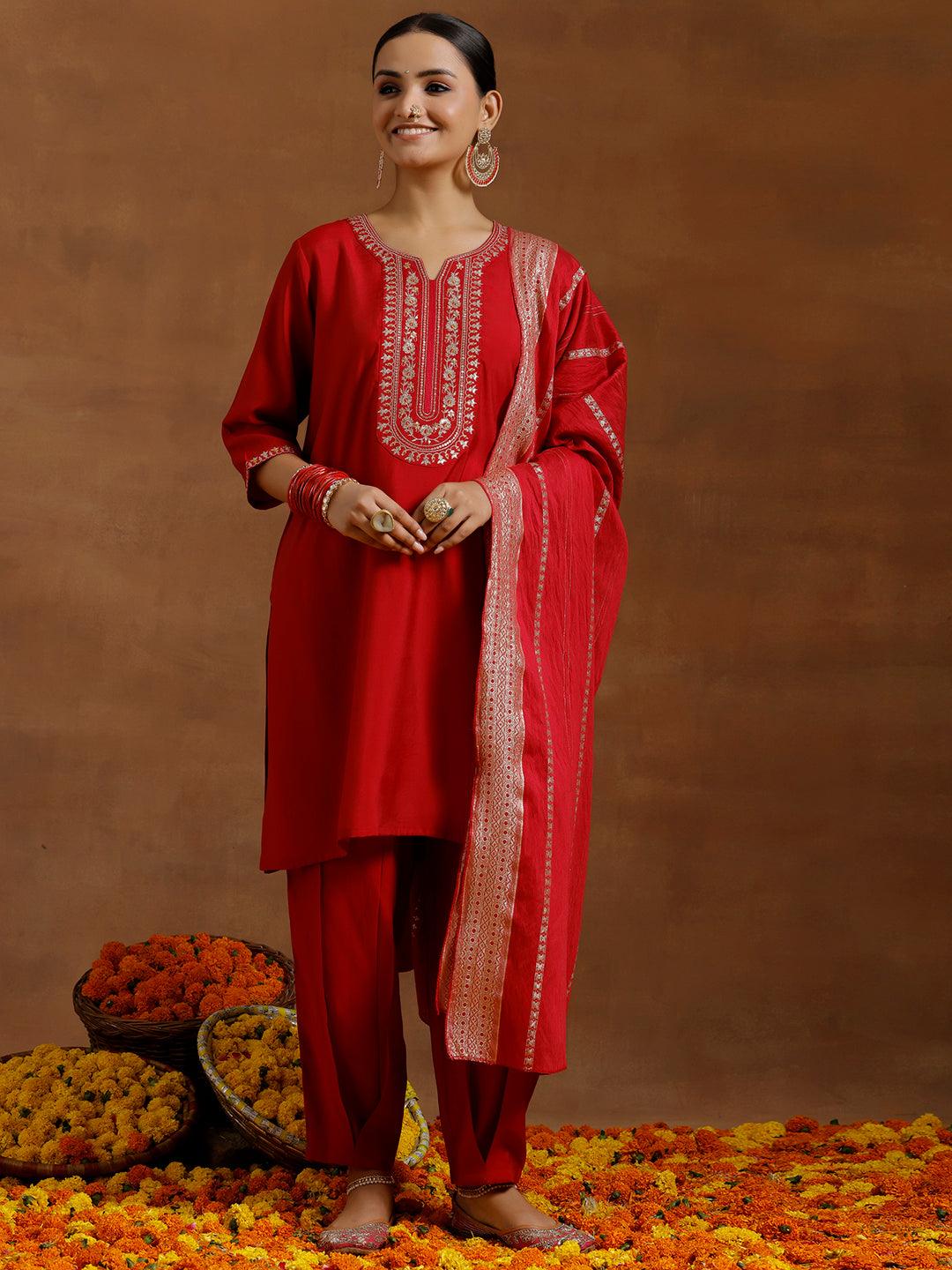 Red Yoke Design Silk Blend Straight Suit With Dupatta - Libas 