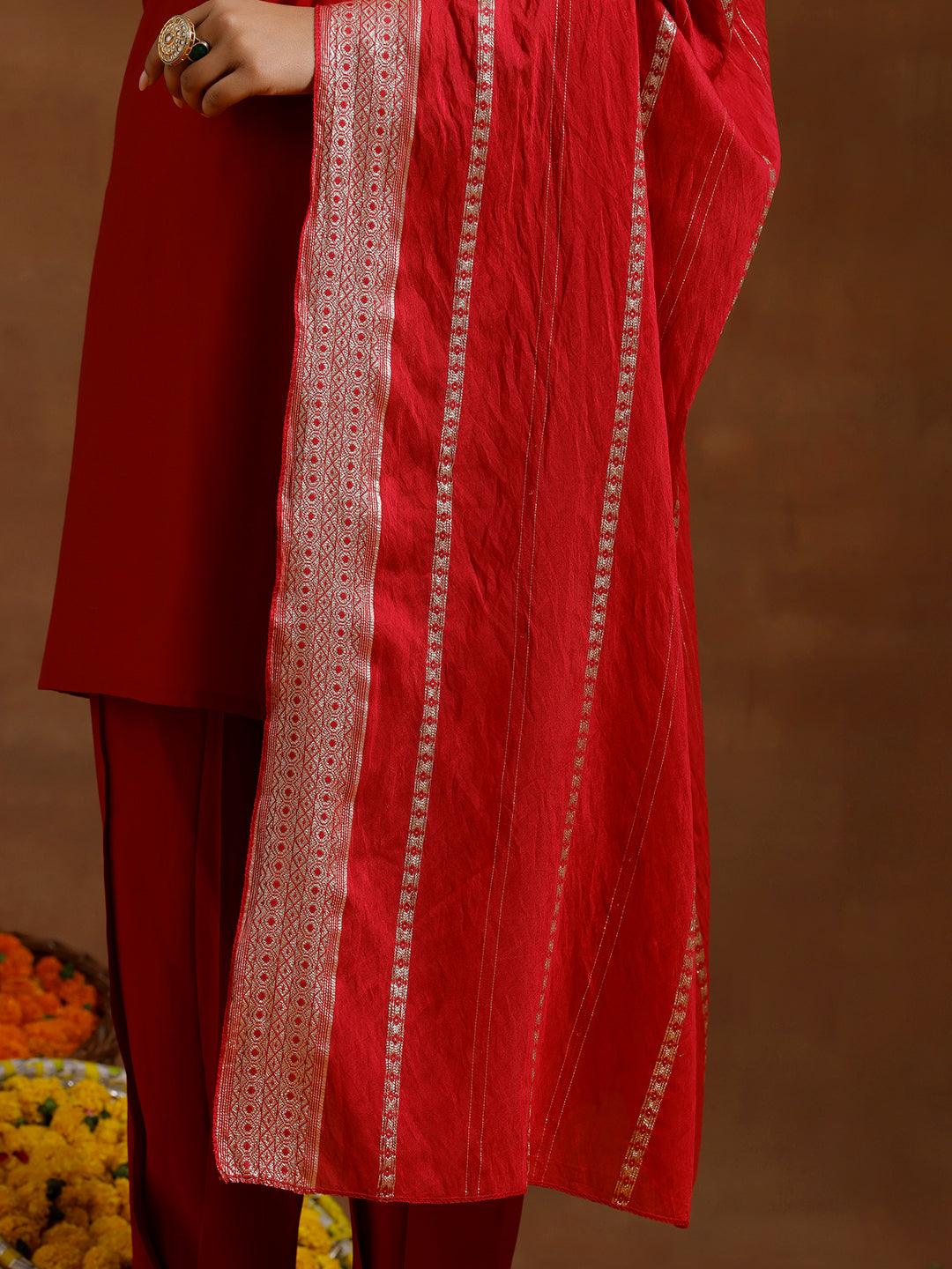 Red Yoke Design Silk Blend Straight Suit With Dupatta - Libas 