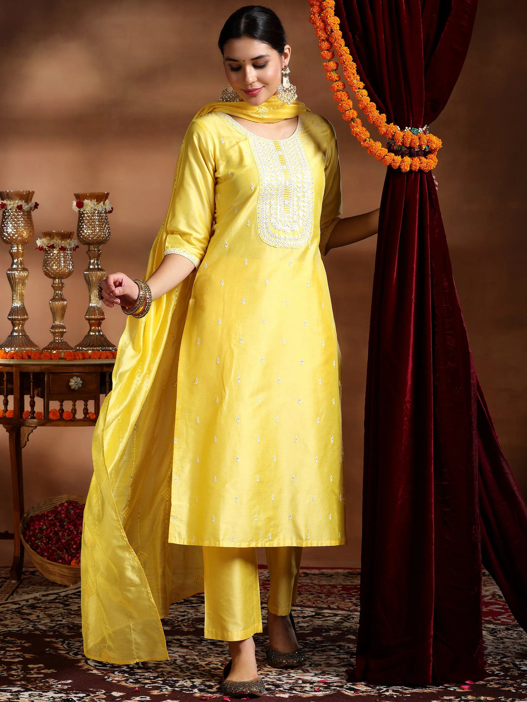  Yellow Embroidered Silk Blend Straight Suit With Dupatta 