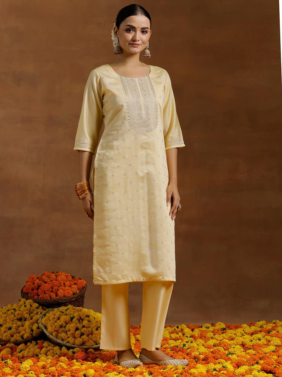 Lime Yellow Embroidered Silk Blend Straight Suit With Dupatta - Libas