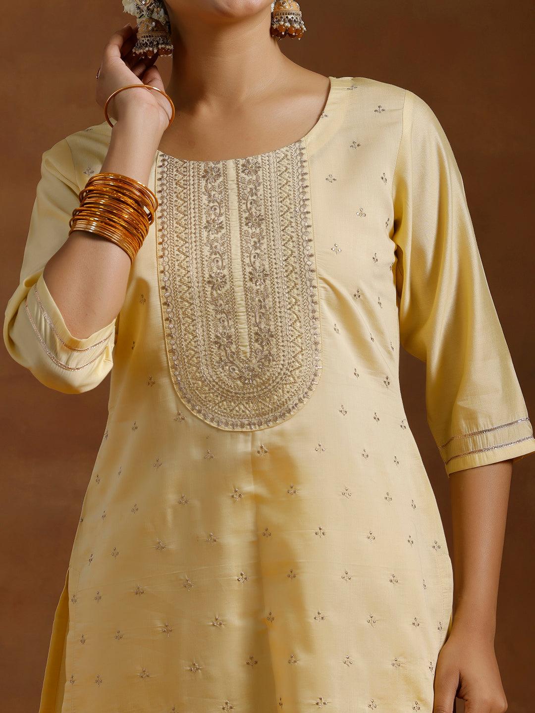 Lime Yellow Embroidered Silk Blend Straight Suit With Dupatta - Libas 