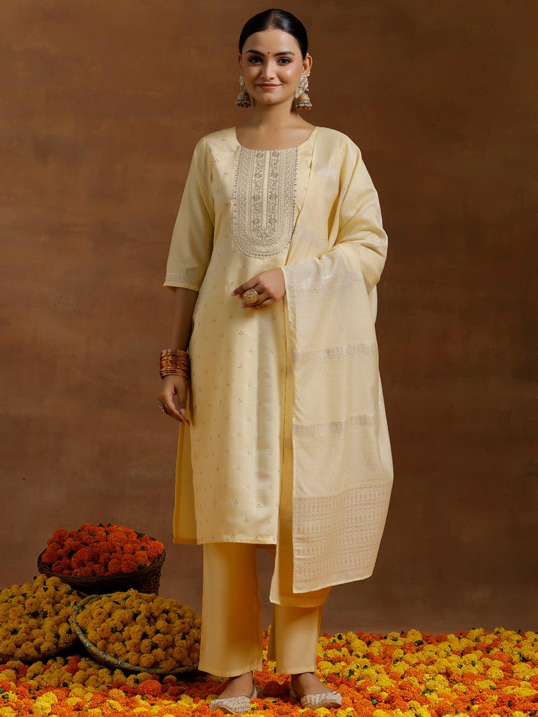 Lime Yellow Embroidered Silk Blend Straight Suit With Dupatta - Libas 