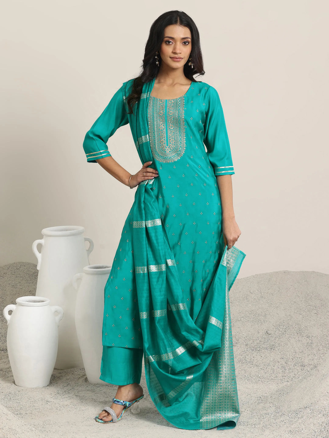  Teal Embroidered Silk Blend Straight Suit With Dupatta 