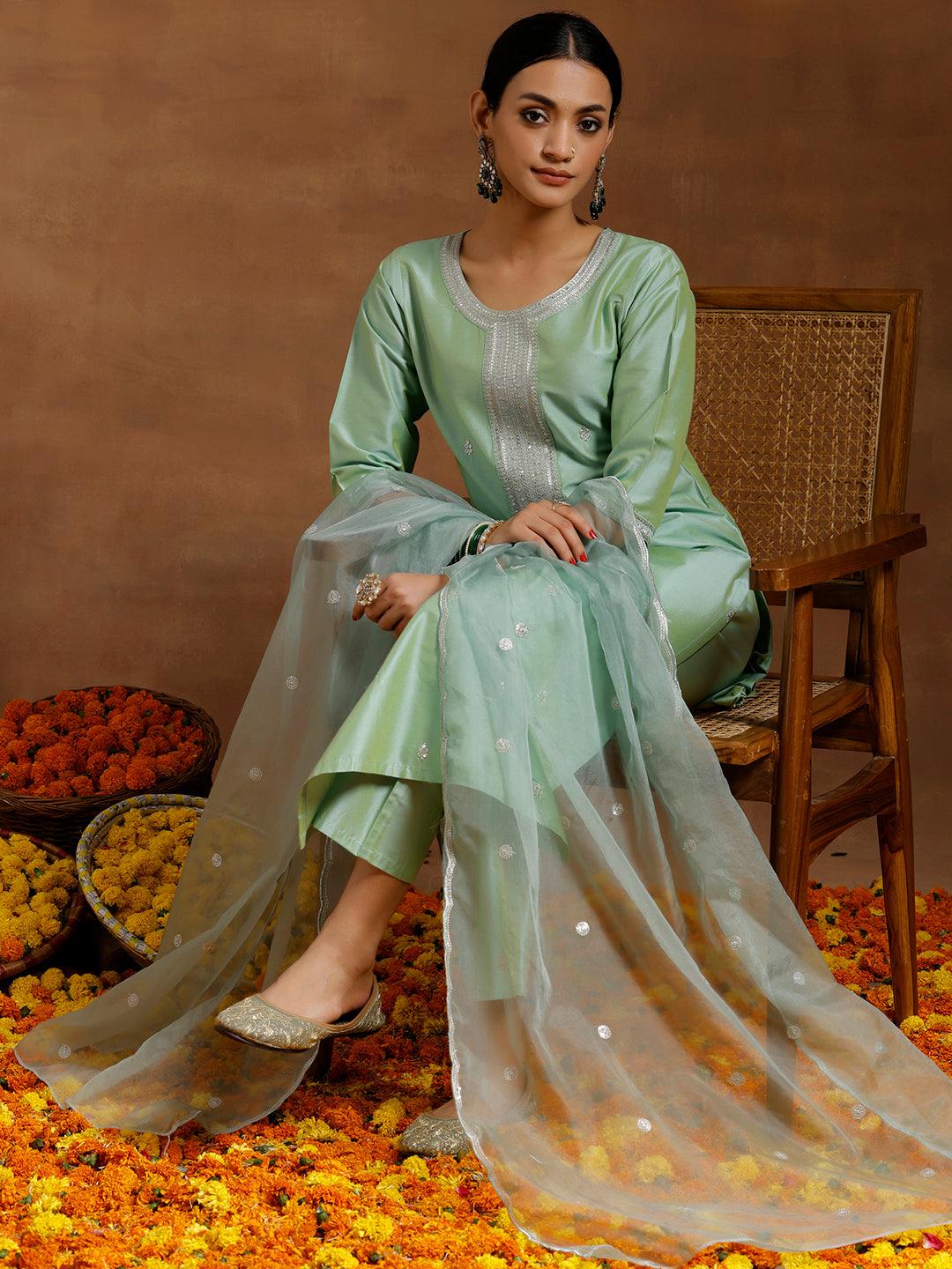 Light Green Embroidered Silk Blend Straight Suit With Dupatta - Libas