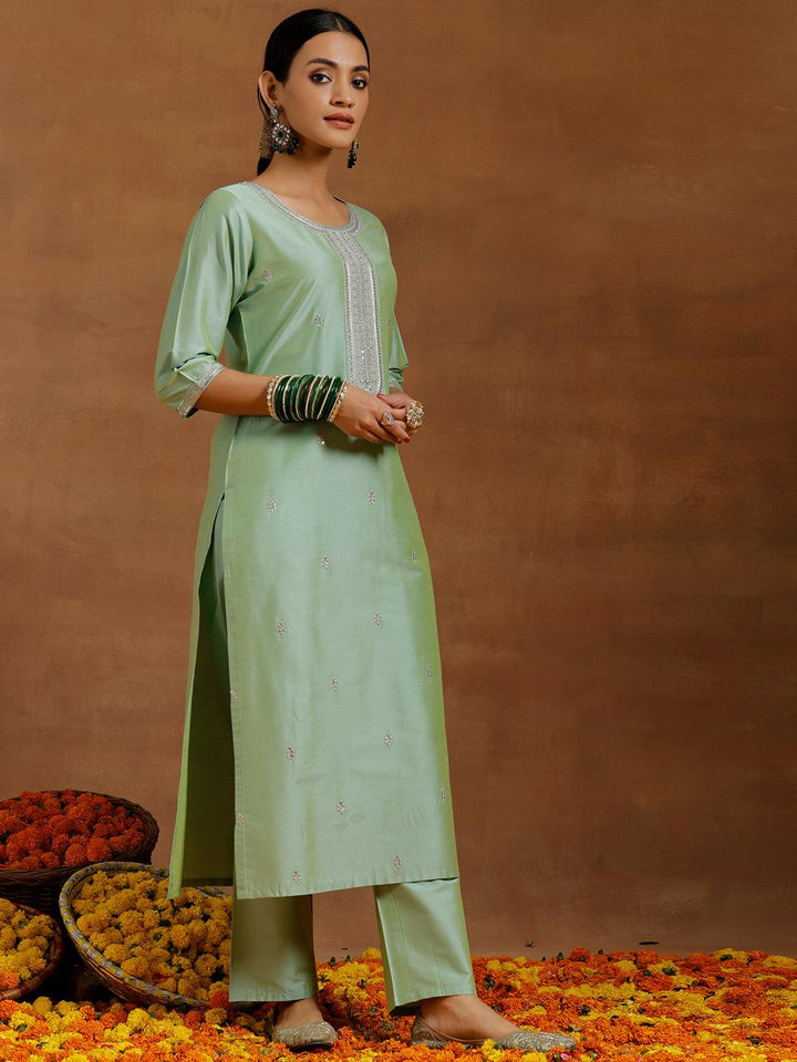 Light Green Embroidered Silk Blend Straight Suit With Dupatta - Libas