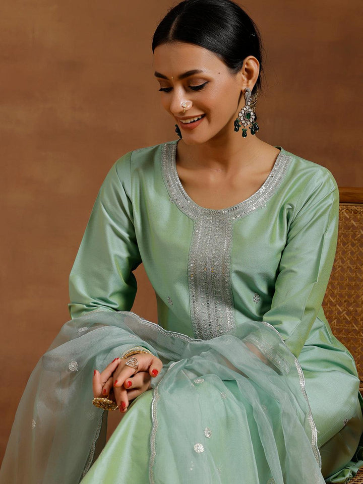 Light Green Embroidered Silk Blend Straight Suit With Dupatta - Libas