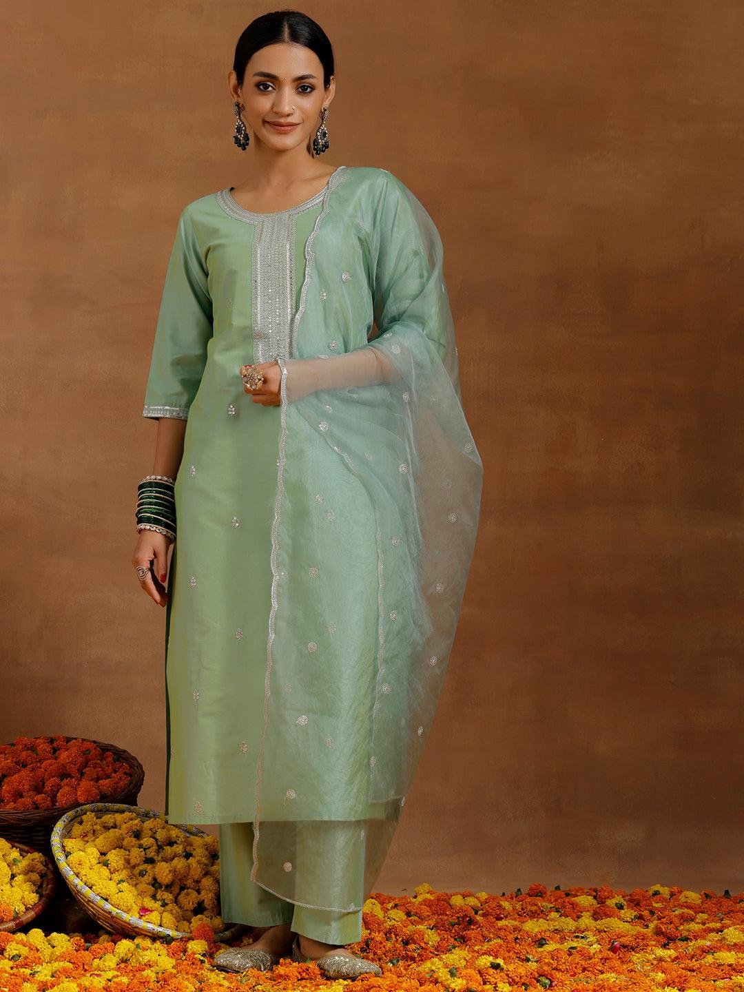 Light Green Embroidered Silk Blend Straight Suit With Dupatta - Libas