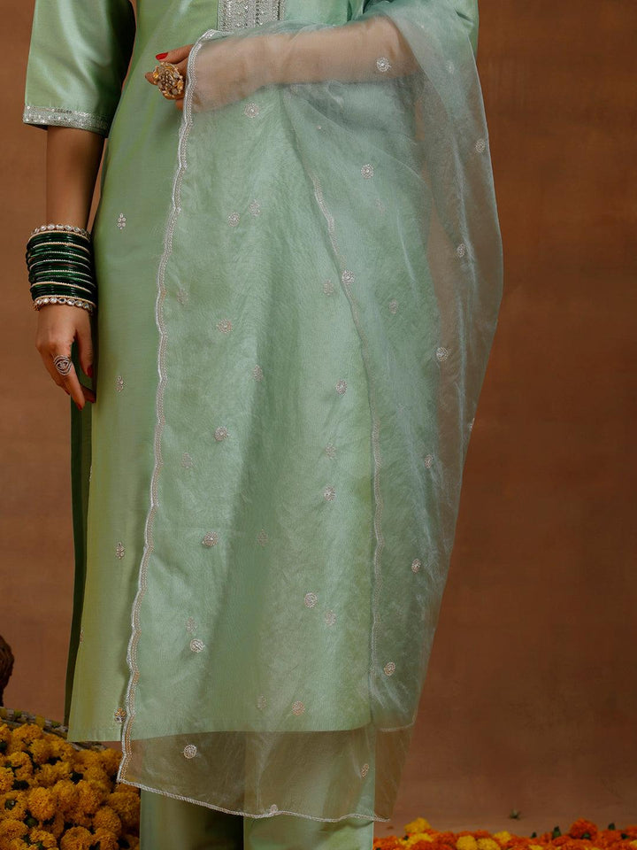 Light Green Embroidered Silk Blend Straight Suit With Dupatta - Libas