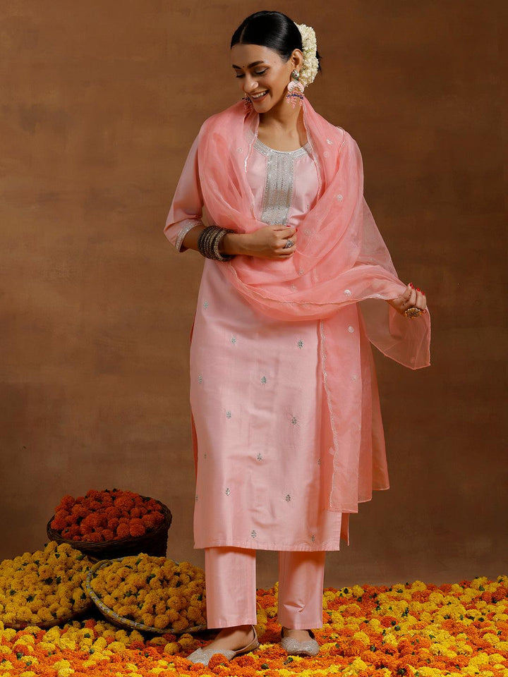 Light Pink Embroidered Silk Blend Straight Suit With Dupatta - Libas