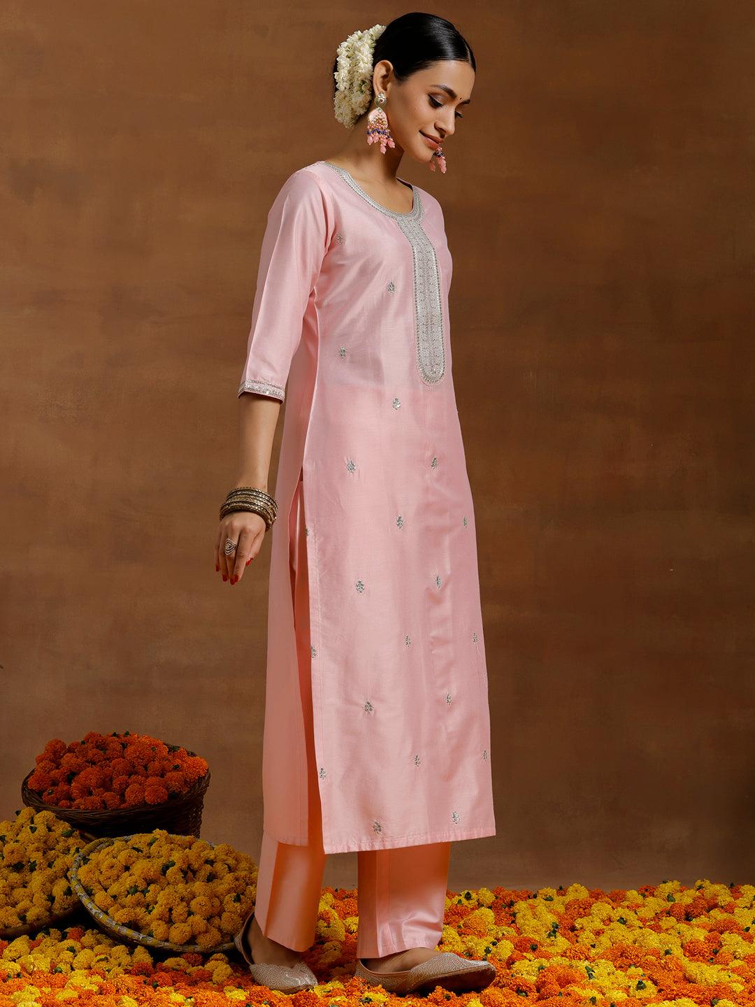 Light Pink Embroidered Silk Blend Straight Suit With Dupatta - Libas