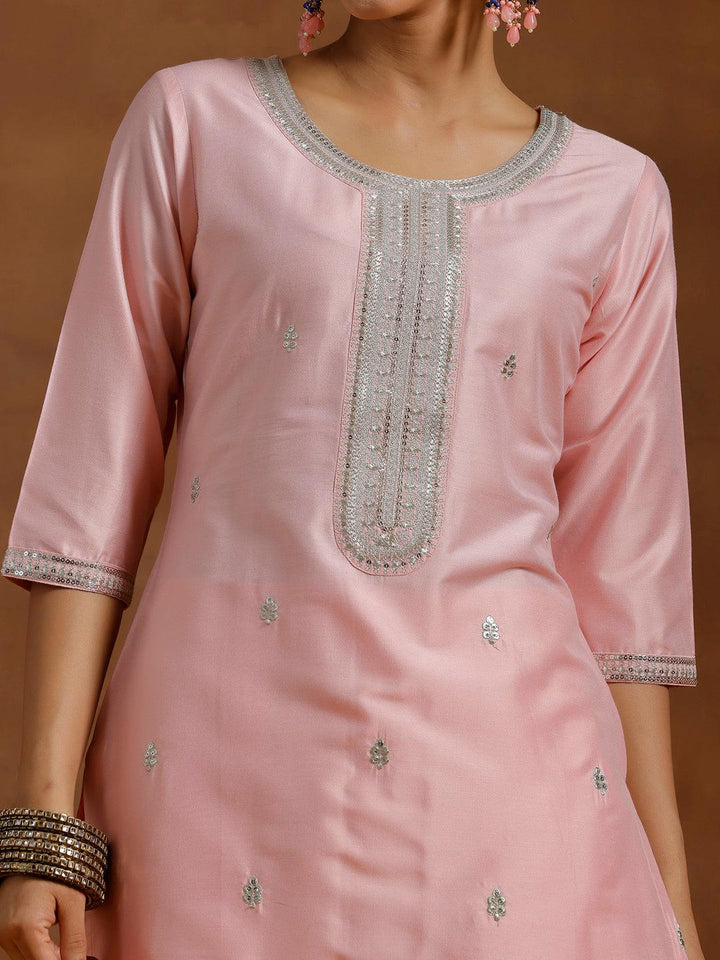 Light Pink Embroidered Silk Blend Straight Suit With Dupatta - Libas