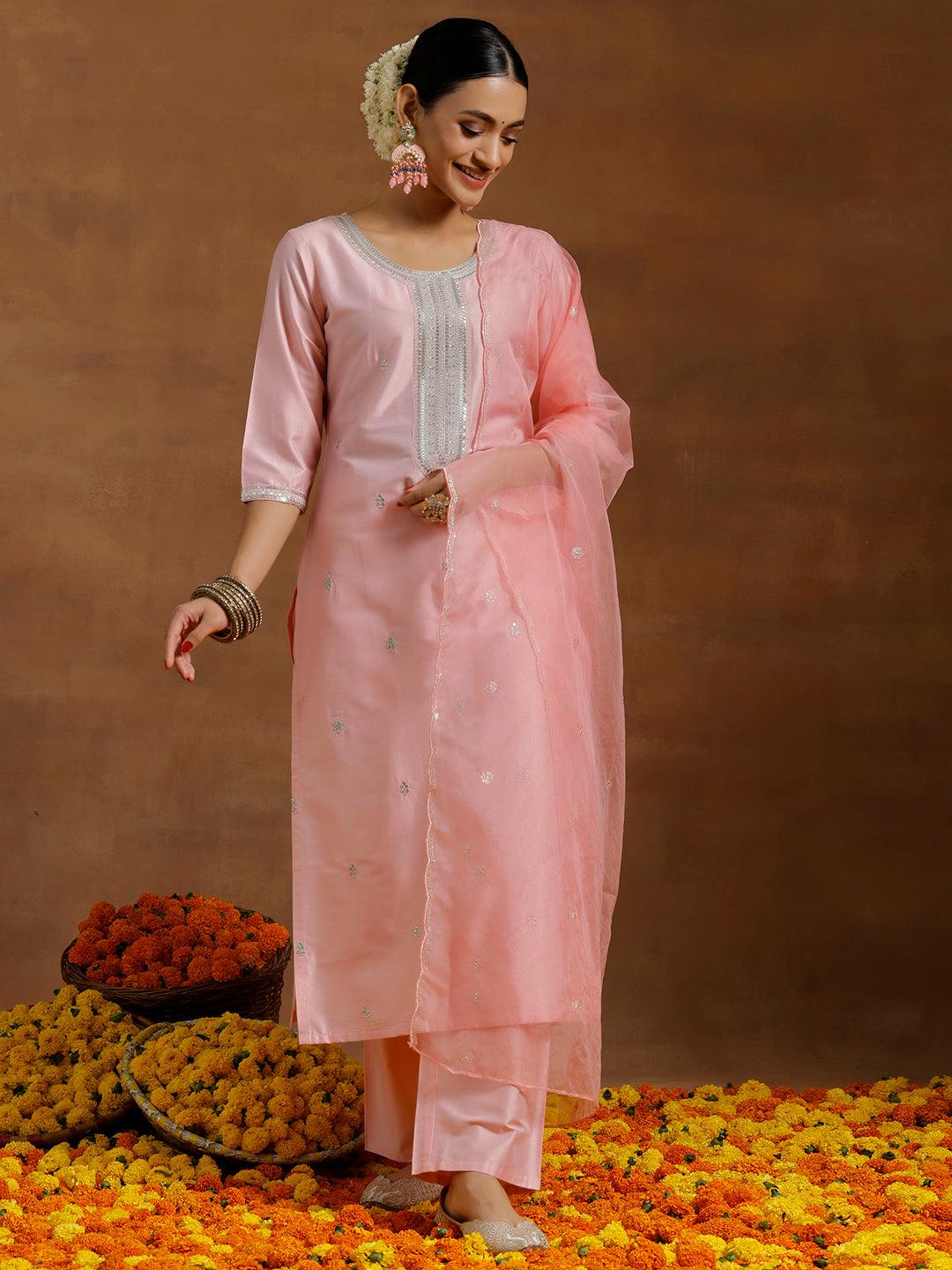 Light Pink Embroidered Silk Blend Straight Suit With Dupatta - Libas