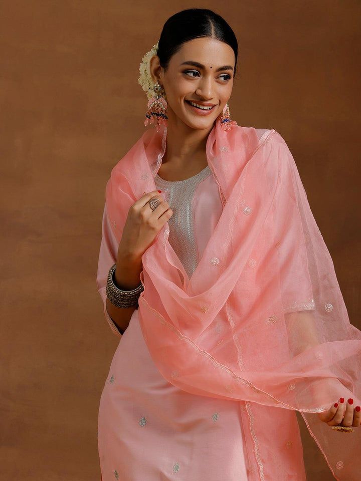 Light Pink Embroidered Silk Blend Straight Suit With Dupatta - Libas