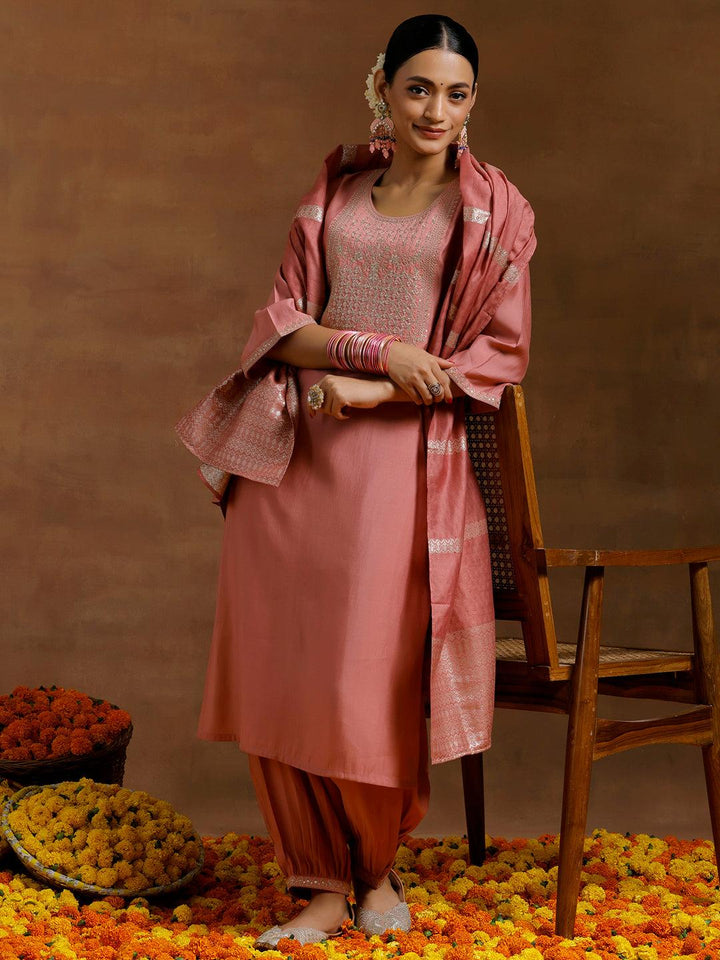 Peach Yoke Design Silk Blend Straight Suit With Dupatta - Libas