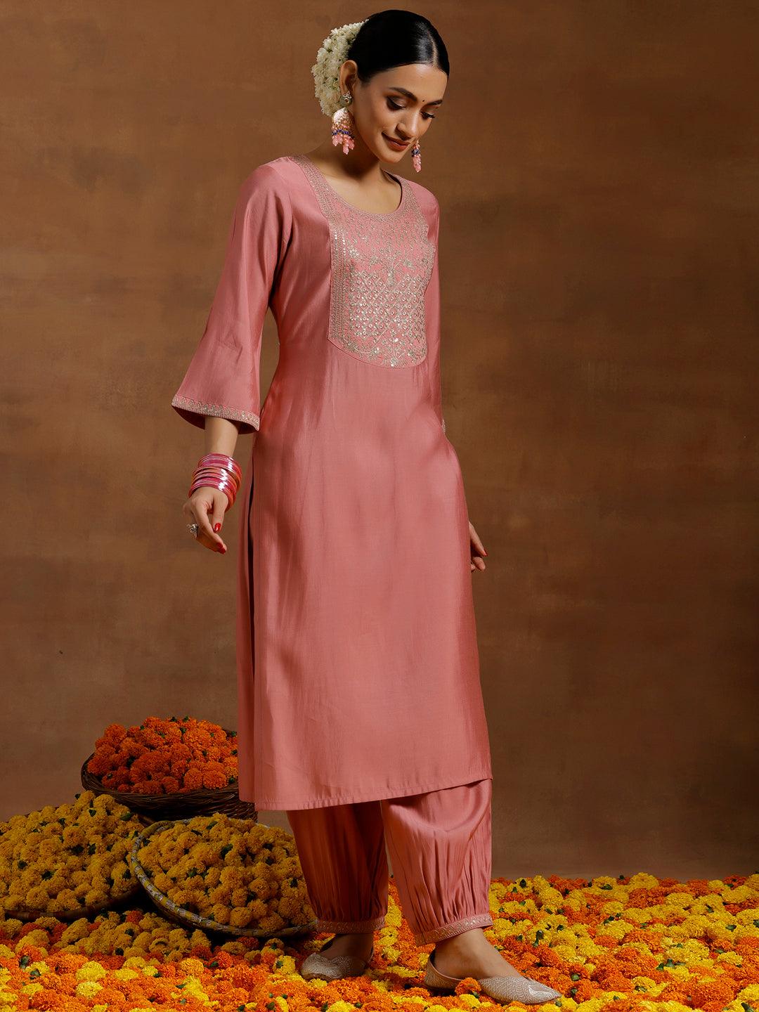 Peach Yoke Design Silk Blend Straight Suit With Dupatta - Libas