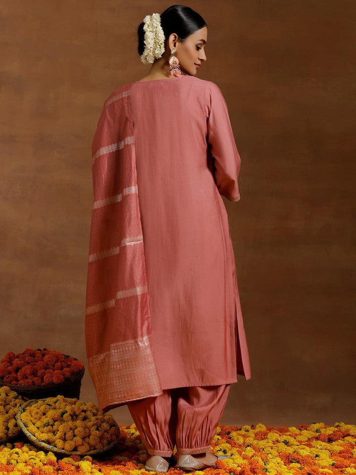 Peach Yoke Design Silk Blend Straight Suit With Dupatta - Libas