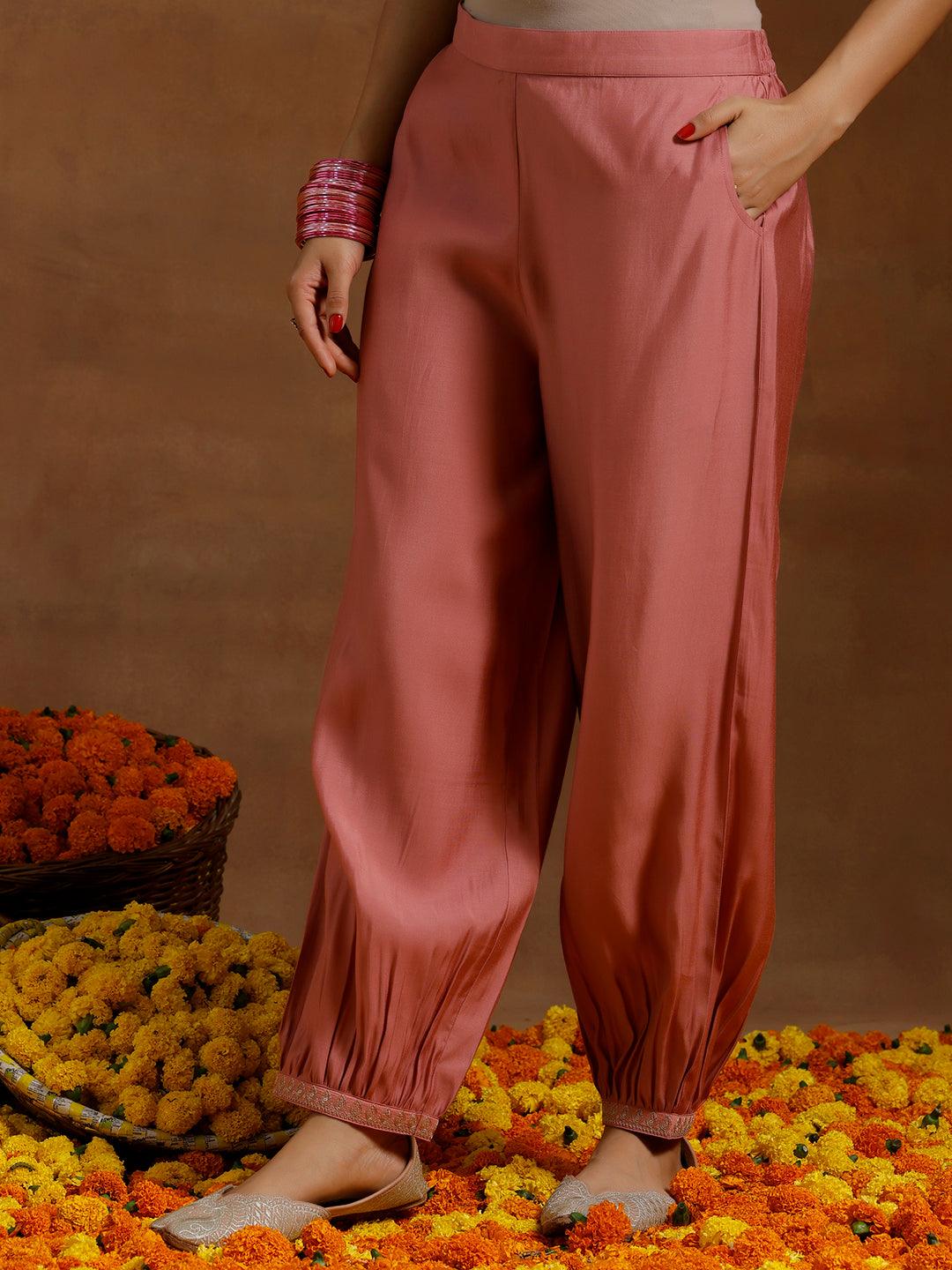 Peach Yoke Design Silk Blend Straight Suit With Dupatta - Libas