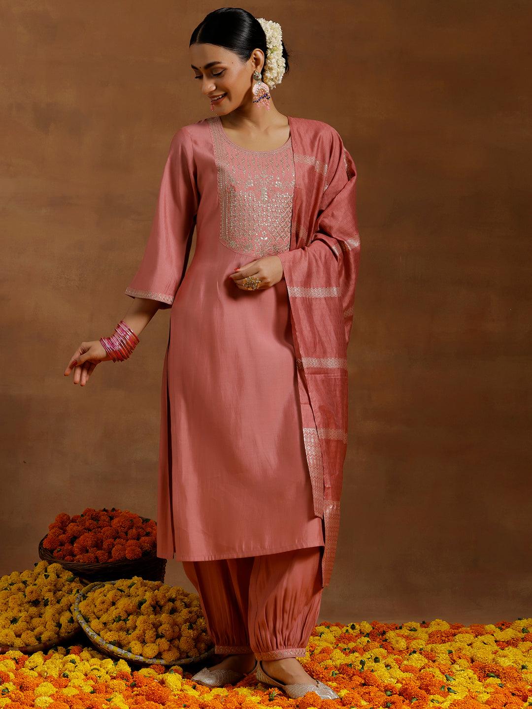 Peach Yoke Design Silk Blend Straight Suit With Dupatta - Libas