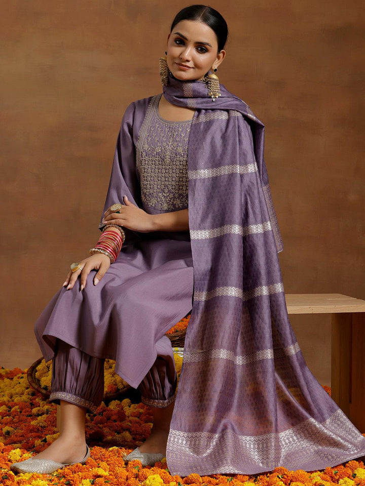 Purple Yoke Design Silk Blend Straight Suit With Dupatta - Libas